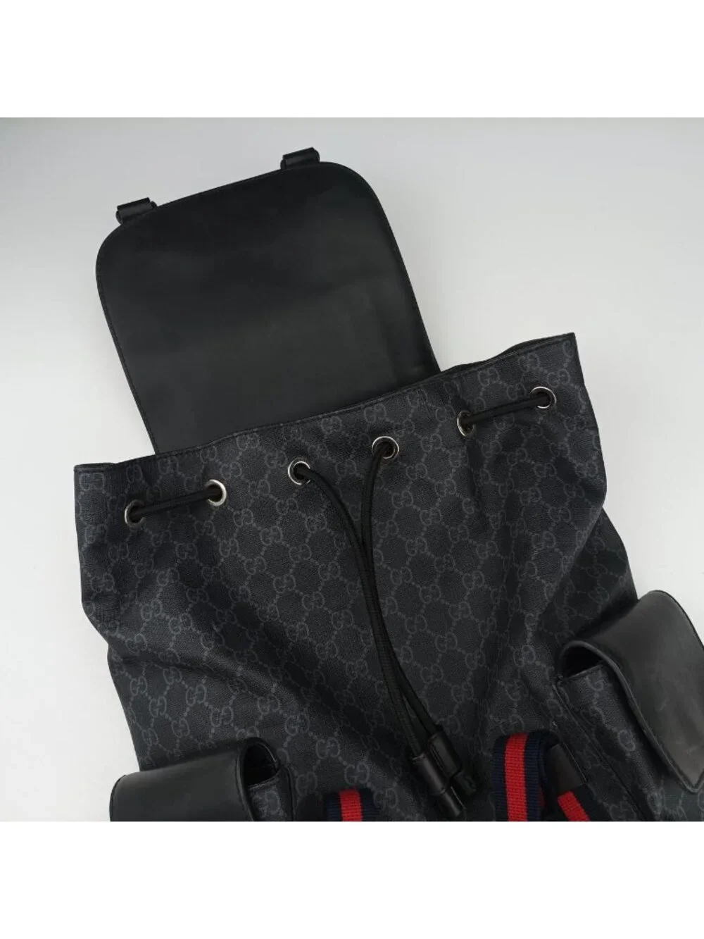 Gucci GG Supreme Black Gray Navy Red Leather Backpack
